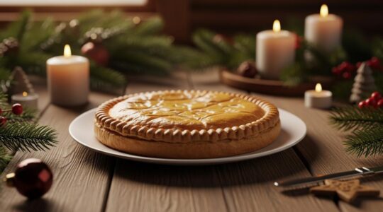Vue artistique d'une tourtière traditionnelle québécoise dorée, entourée d'éléments festifs de Noël typiques du Québec