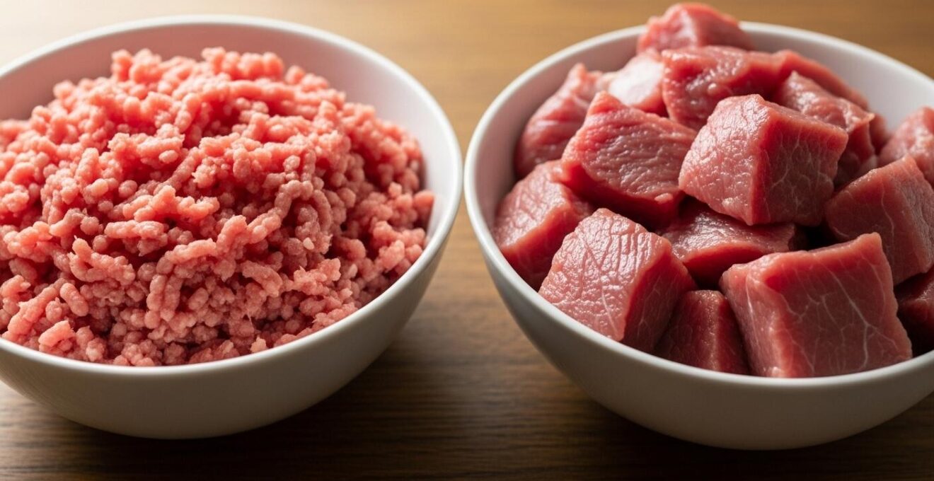 Photographie comparant des morceaux de viande hachée et des cubes de viande avant cuisson pour tarte à la viande