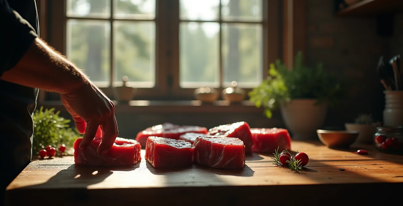 Cuisine d'un chef avec gibier sauvage dans une cuisine rustique entourée de forêt québécoise