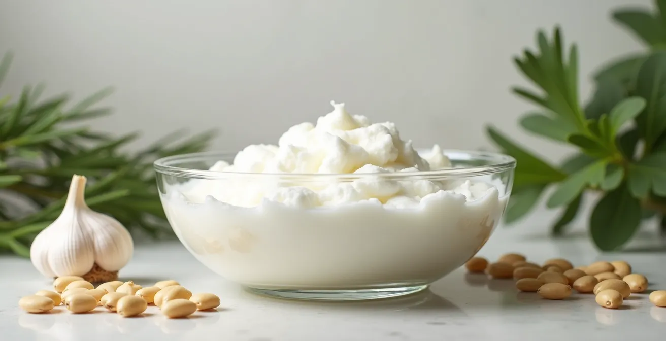 Bol avec mousse montée à l'aquafaba de haricot blanc et ingrédients frais autour dans une cuisine moderne