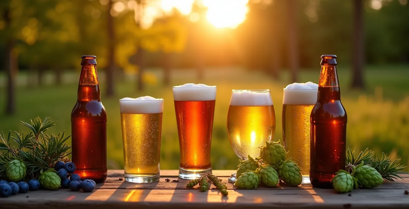 Image représentant une sélection diversifiée de bières de microbrasseries du Québec avec éléments naturels du terroir québécois en arrière-plan