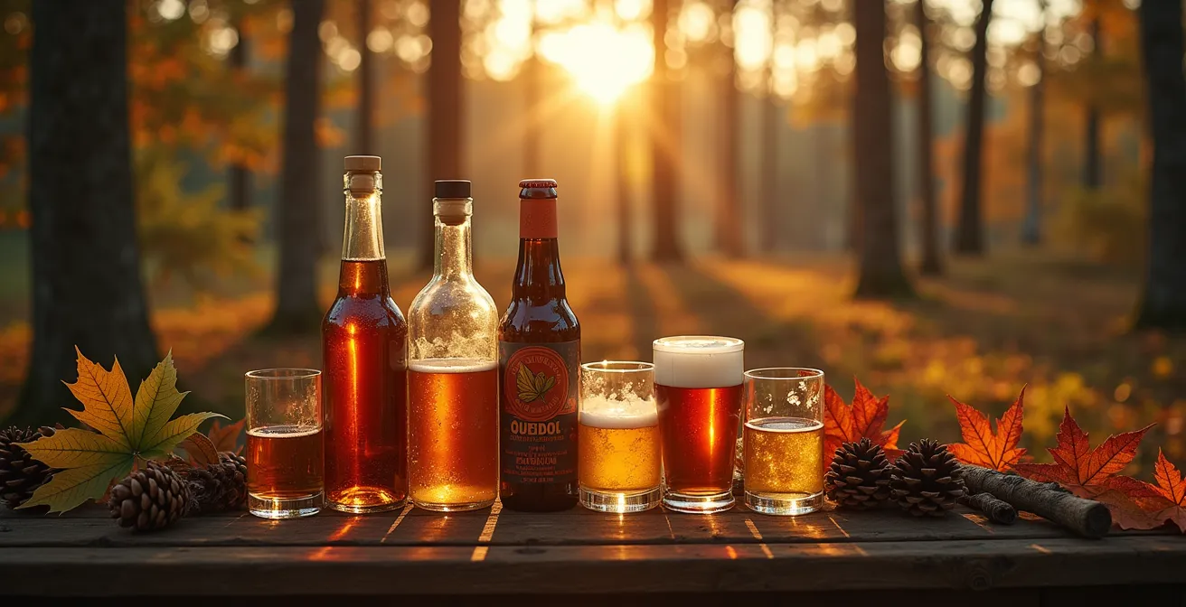 Vue panoramique symbolique du terroir québécois avec une sélection de boissons traditionnelles et artisanales sur une table rustique en bois, entourée d'éléments naturels de la forêt boréale.