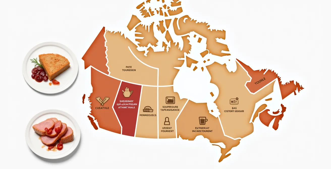 Carte du Québec illustrant les différentes appellations régionales de la tourtière et pâté à la viande.