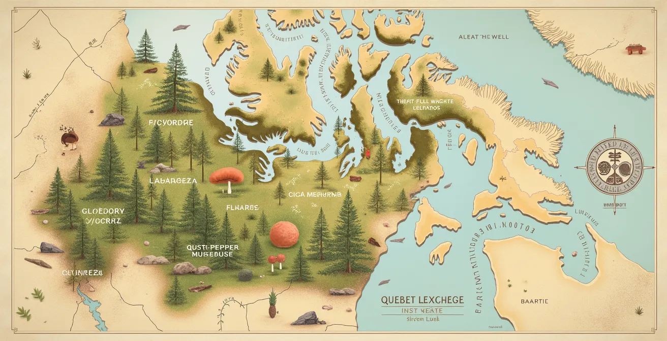 Carte visuelle des régions du Québec avec ingrédients forestiers clés utilisés en mixologie