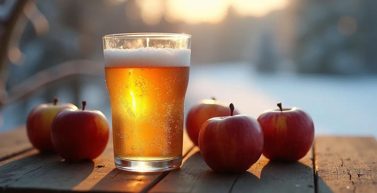 Verre de cidre de glace doré posé sur une table en bois avec des pommes d’hiver et un paysage hivernal québécois en arrière-plan.