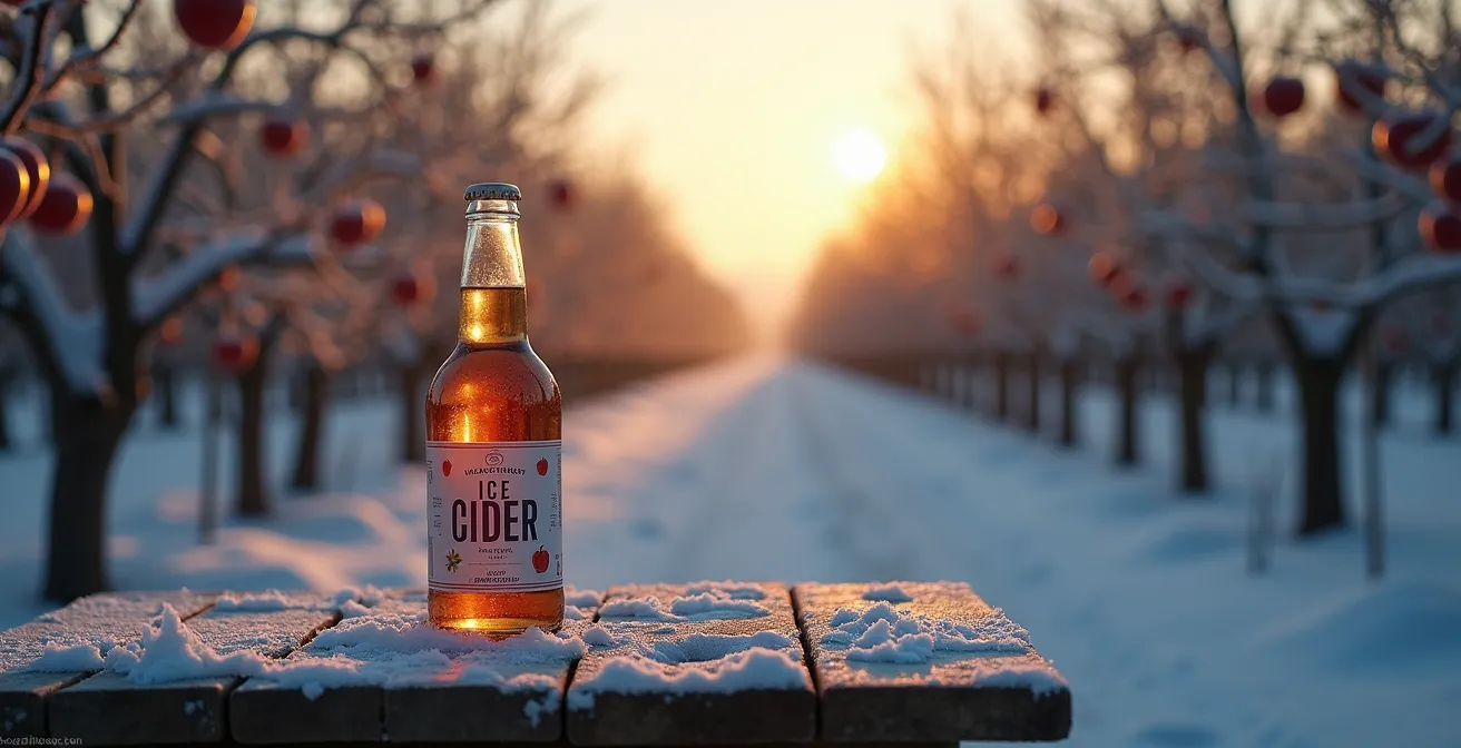 Bouteille de cidre de glace sur une table d'hiver avec paysage de vergers gelés en arrière-plan au Québec