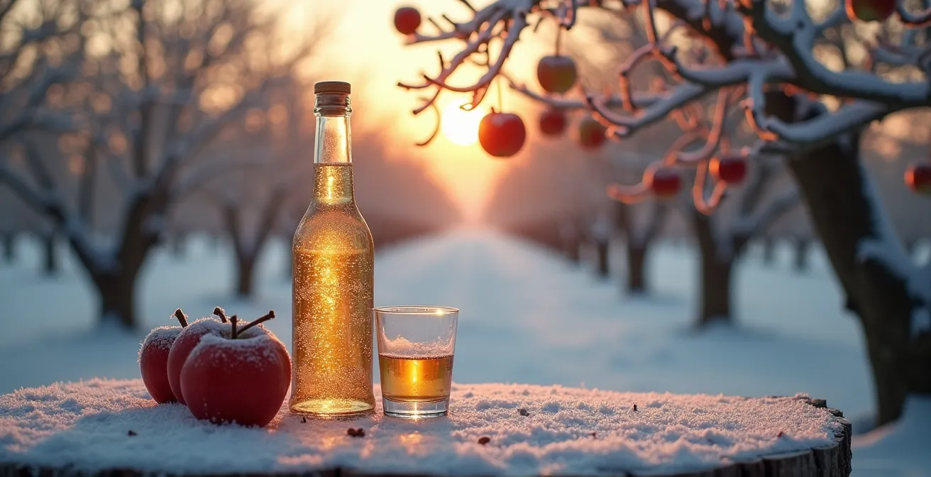 Vue panoramique d'un verger de pommiers enneigé en hiver avec des pommes gelées prêtes pour le pressage du cidre de glace, avec en arrière-plan une bouteille de cidre de glace sur une table en bois