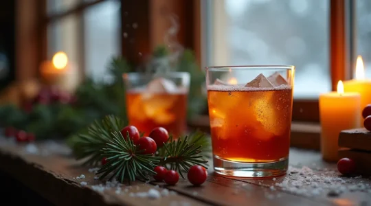 Un cocktail chaud québécois servi dans un verre avec une ambiance hivernale chaleureuse et des éléments naturels du Québec