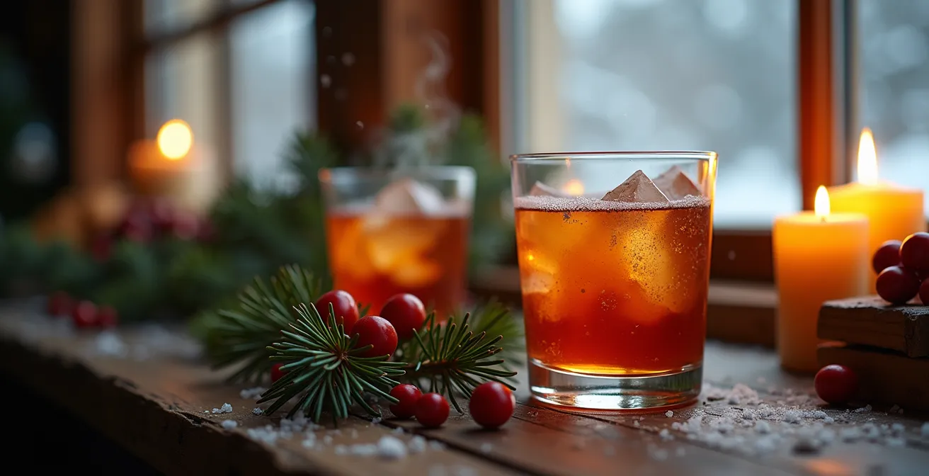 Un cocktail chaud québécois servi dans un verre avec une ambiance hivernale chaleureuse et des éléments naturels du Québec