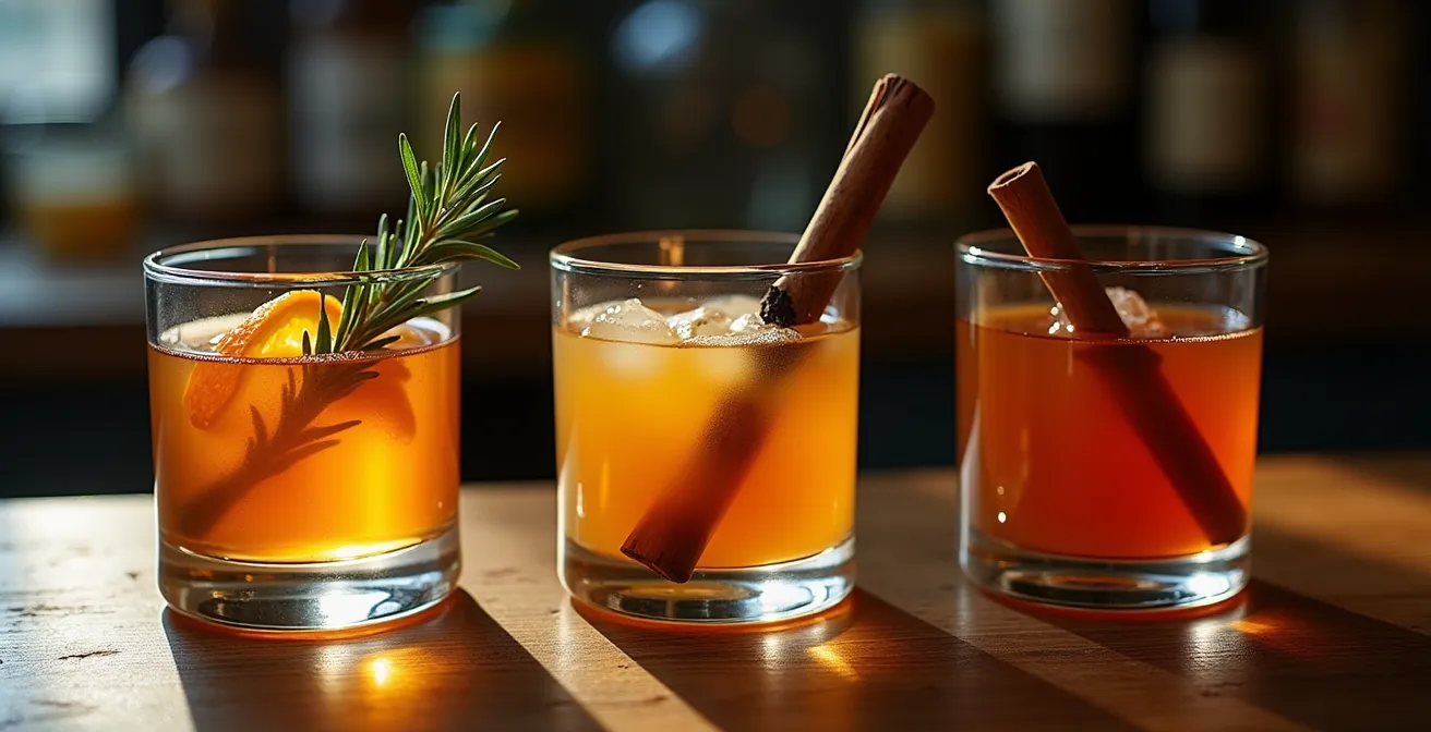 Trois cocktails différents à base de liqueur d'érable, servis en verres variés avec garnitures distinctives