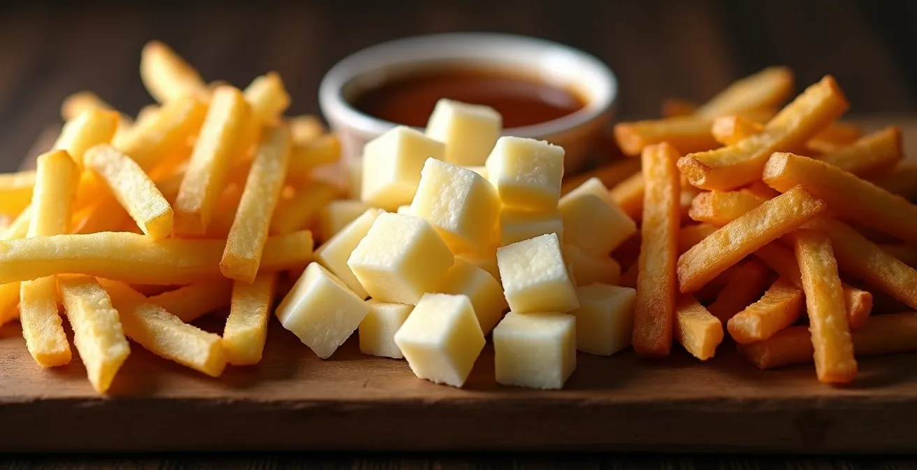 Une composition visuelle illustrant les ingrédients clés de la poutine authentique : pommes de terre, fromage en grains, et sauce brune.