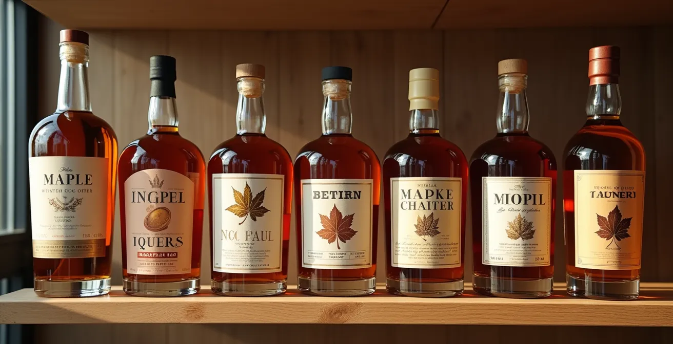 Tableau comparatif des liqueurs d'érable avec bouteilles et caractéristiques visibles, illustrant la diversité des produits