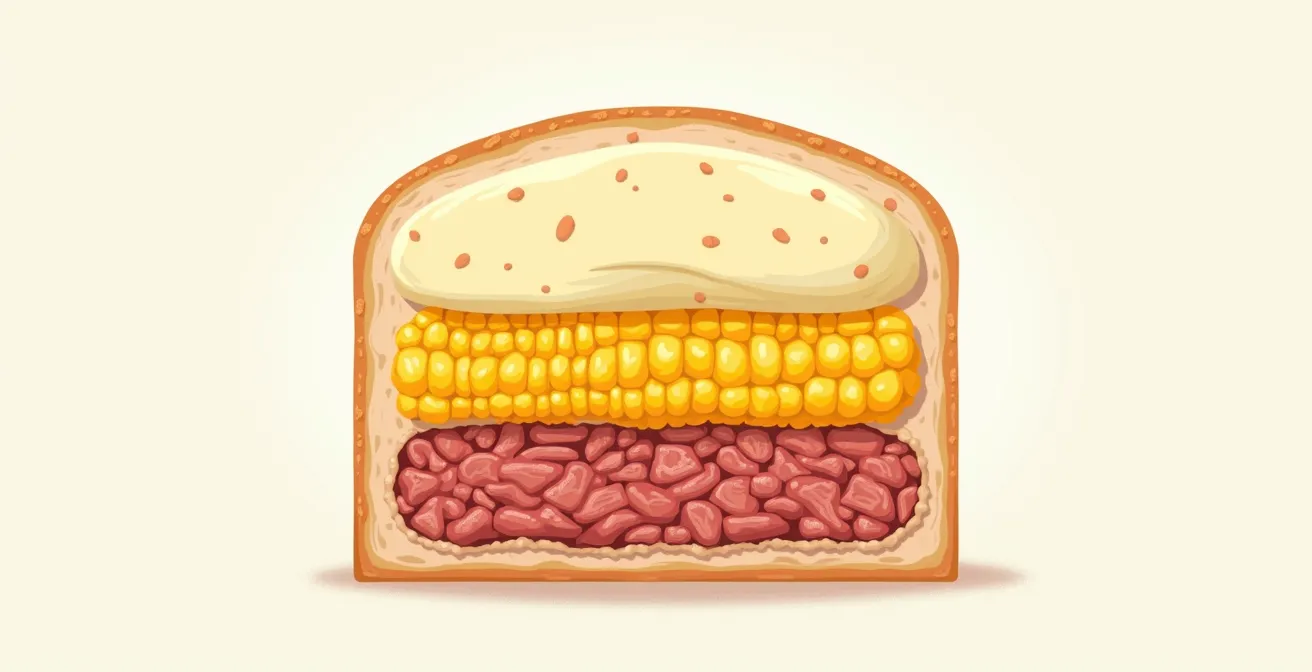 Schéma illustré des trois couches du pâté chinois avec viande en bas, maïs au centre et purée en haut, mettant en lumière leur fonction et texture distinctes.