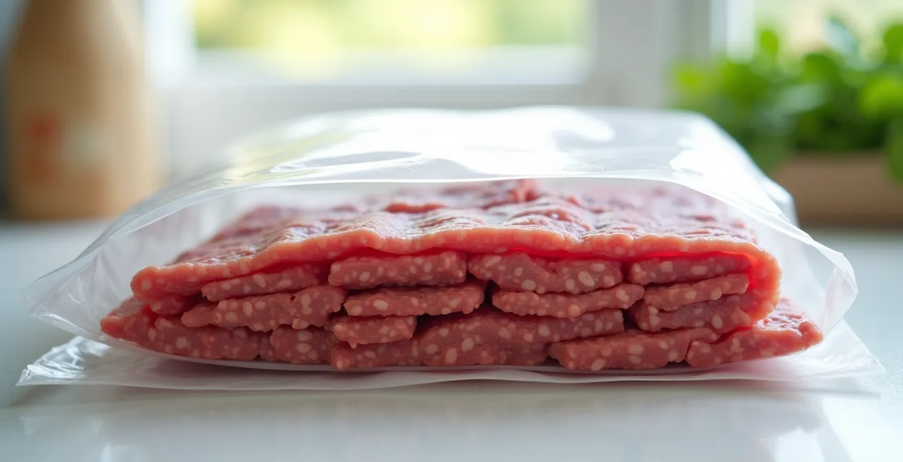 Vue rapprochée d’un sac de congélation transparent contenant du bœuf haché aplati et portionné en galettes avec des feuilles d’étiquettes pour organisation.