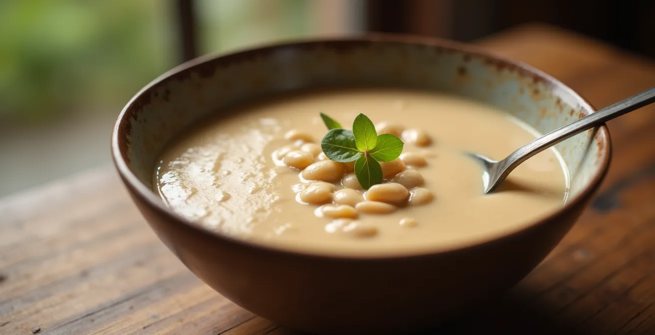 Gros plan sur une soupe crémeuse à base de purée de haricots blancs, montrant une texture onctueuse sans utilisation de crème.