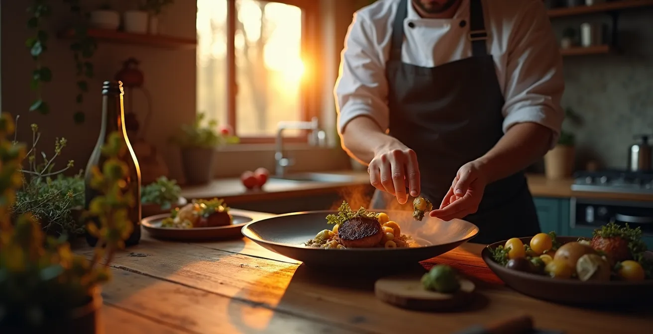 Chef en cuisine préparant un plat moderne avec ingrédients boréaux et gibier dans cadre rustique et forestier
