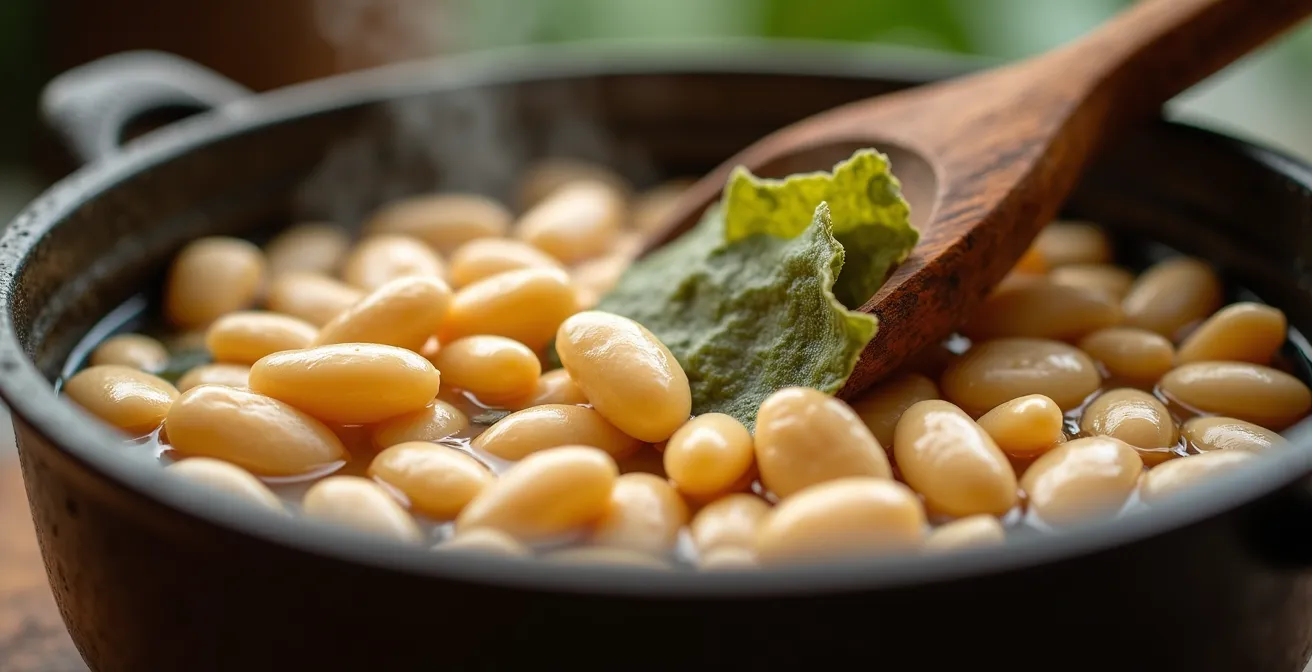 Haricots secs en cuisson avec algue kombu dans une casserole traditionnelle québécoise
