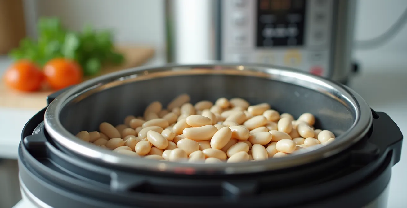 Un autocuiseur moderne (Instant Pot) en pleine cuisson, avec une fenêtre montrant des haricots blancs gonflés et cuits dans l’eau.