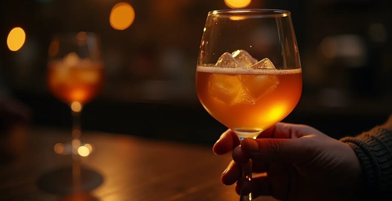 Photo d'une main tenant un verre de cidre de glace en contre-jour, mettant en valeur la couleur dorée du cidre et illustrant le processus de dégustation professionnelle