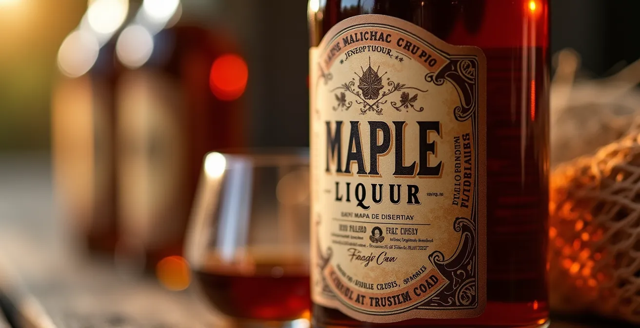 Bouteille de liqueur d'érable avec un design évoquant l'authenticité et le folklore québécois