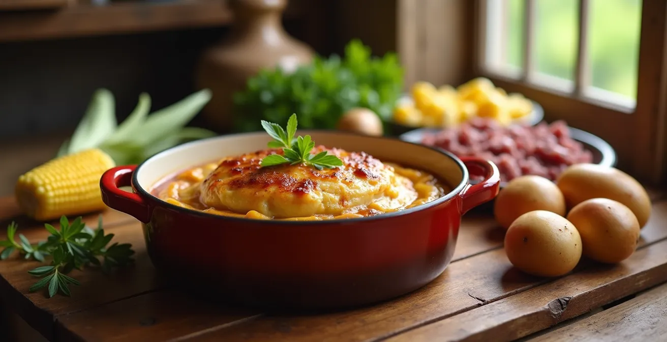 Plat traditionnel québécois de pâté chinois présenté dans un plat rustique sur une table en bois avec des ingrédients frais autour