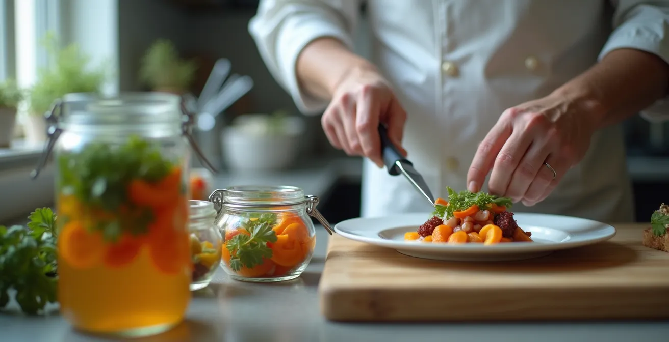 Un chef professionnel en cuisine utilisant un thermocirculateur pour cuisson sous-vide, avec des bocaux de légumes fermentés disposés à côté