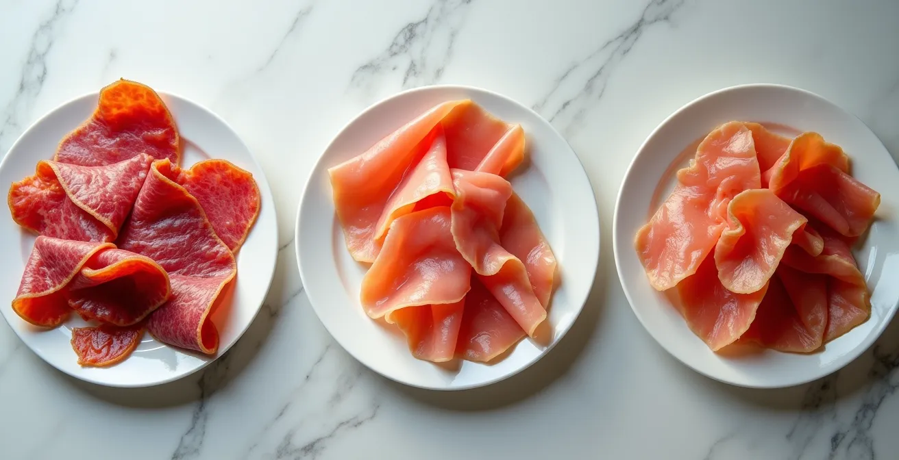 Photographie artistique montrant côte à côte des tranches de lard salé québécois, pancetta italienne et guanciale, avec mise en lumière des différences de couleur et texture