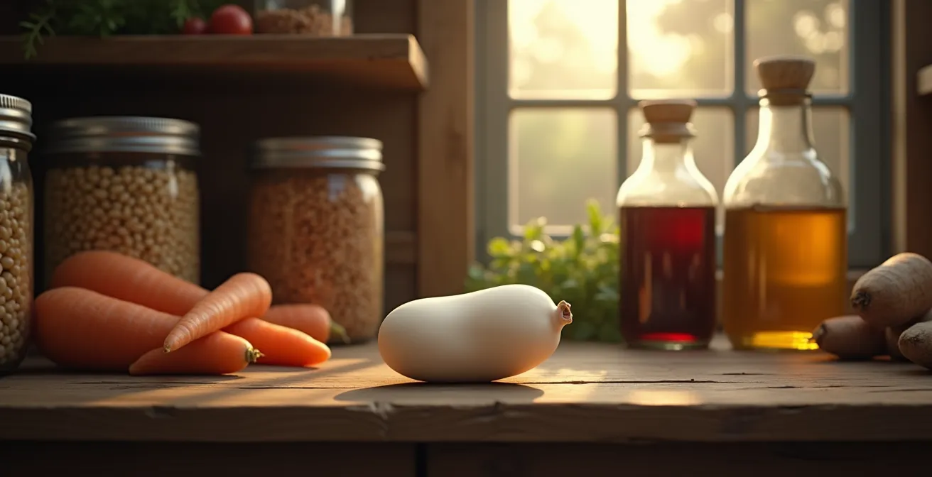 Une composition visuelle mettant en scène un haricot blanc au centre, symbolisé comme un super-héros dans un garde-manger typique québécois, avec des éléments culinaires locaux comme le sirop d'érable, des légumes racines et des bocaux de conserve en arrière-plan.