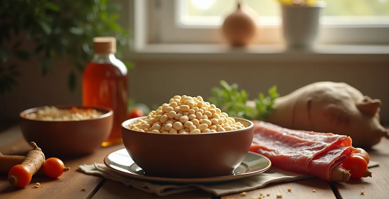 Haricots blancs dans une cuisine québécoise chaleureuse, symbolisant leur statut de super-héros méconnu de la cuisine locale