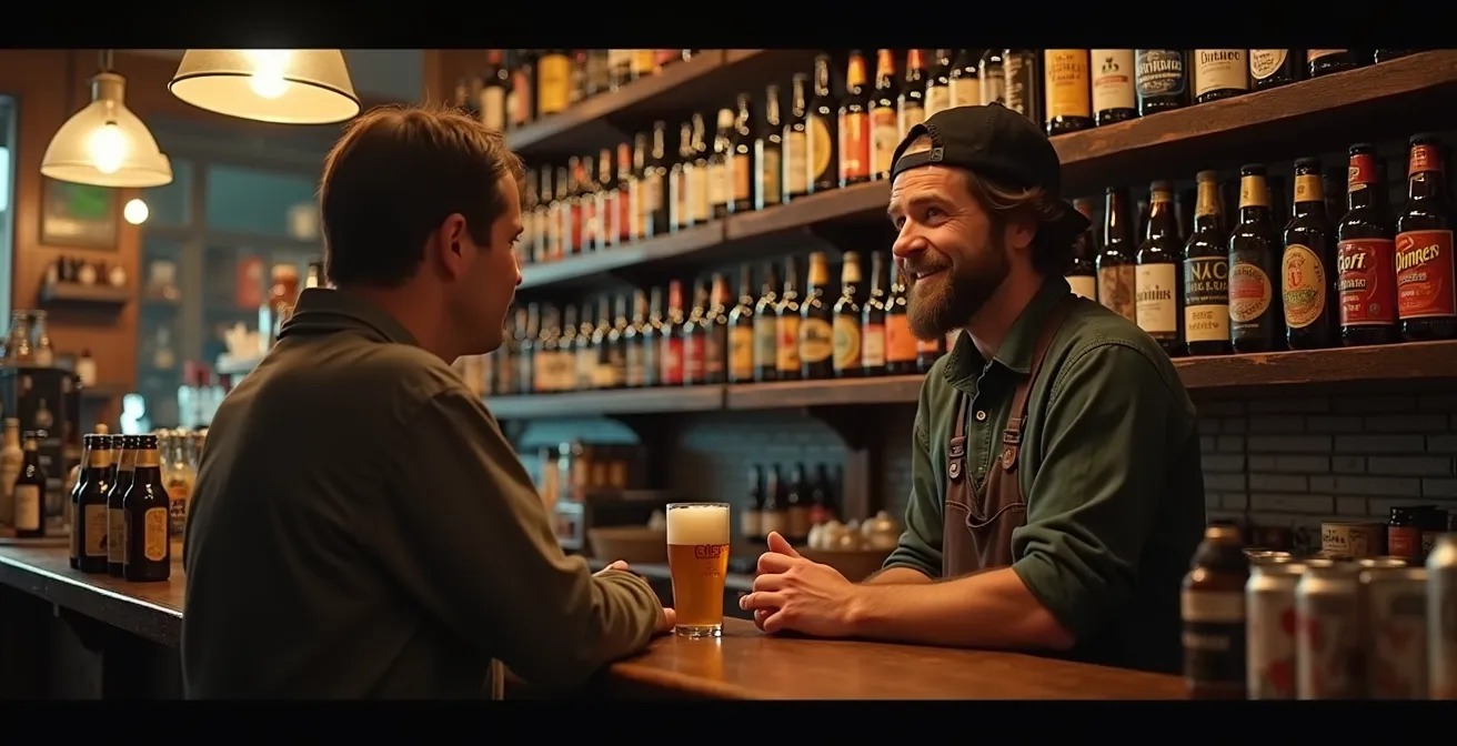 Illustration d’un dépanneur typique du Québec avec un assortiment de bières artisanales et un propriétaire passionné conseillant un client