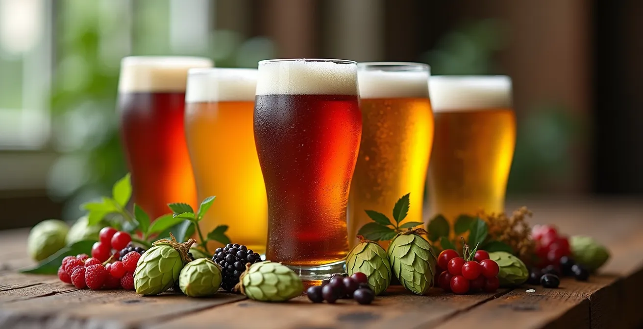 Illustration montrant différents profils aromatiques de bières québécoises avec des fruits, herbes, houblons et scènes de dégustation