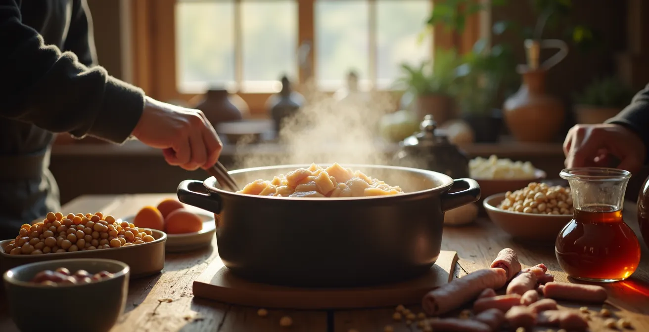 Une assiette traditionnelle de fèves au lard dans une cocotte en fonte, entourée d'ingrédients comme du lard salé, des haricots secs, et des épis de maïs, évoquant la cuisine rustique québécoise.