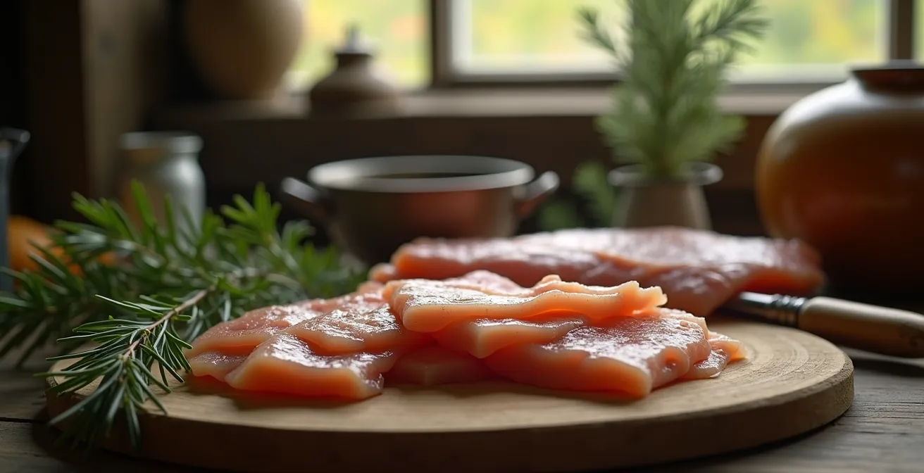 Photo réaliste montrant une tranche de lard salé posé sur une planche en bois rustique avec des herbes fraîches et un décor rappelant le Québec traditionnel