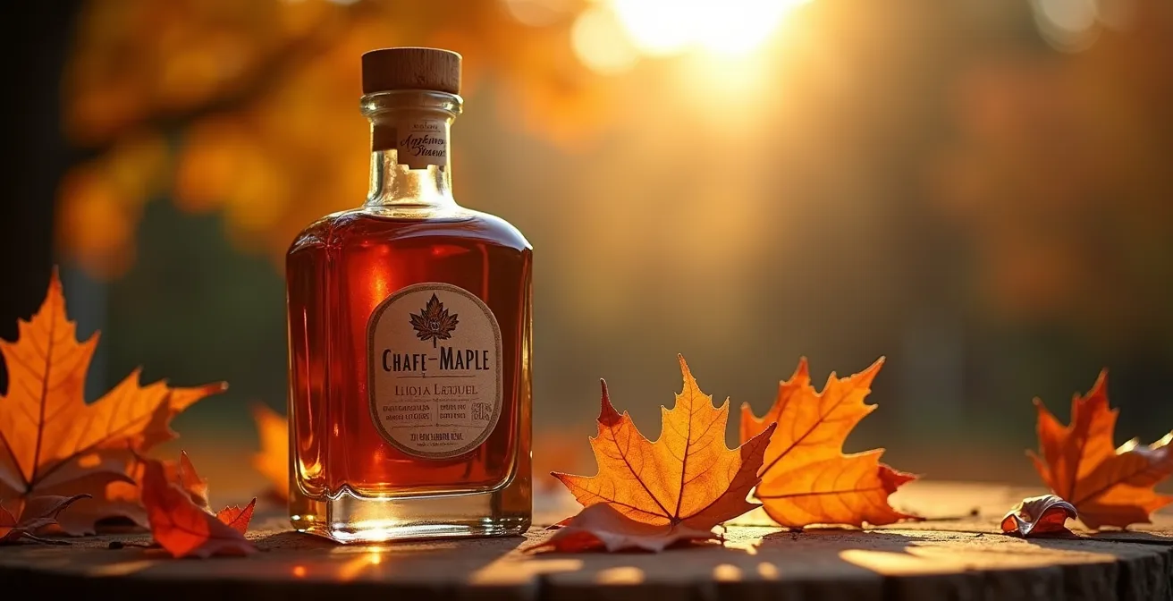 Bouteille de liqueur d'érable avec était d'érable en arrière-plan, évoquant la tradition et la gourmandise québécoise