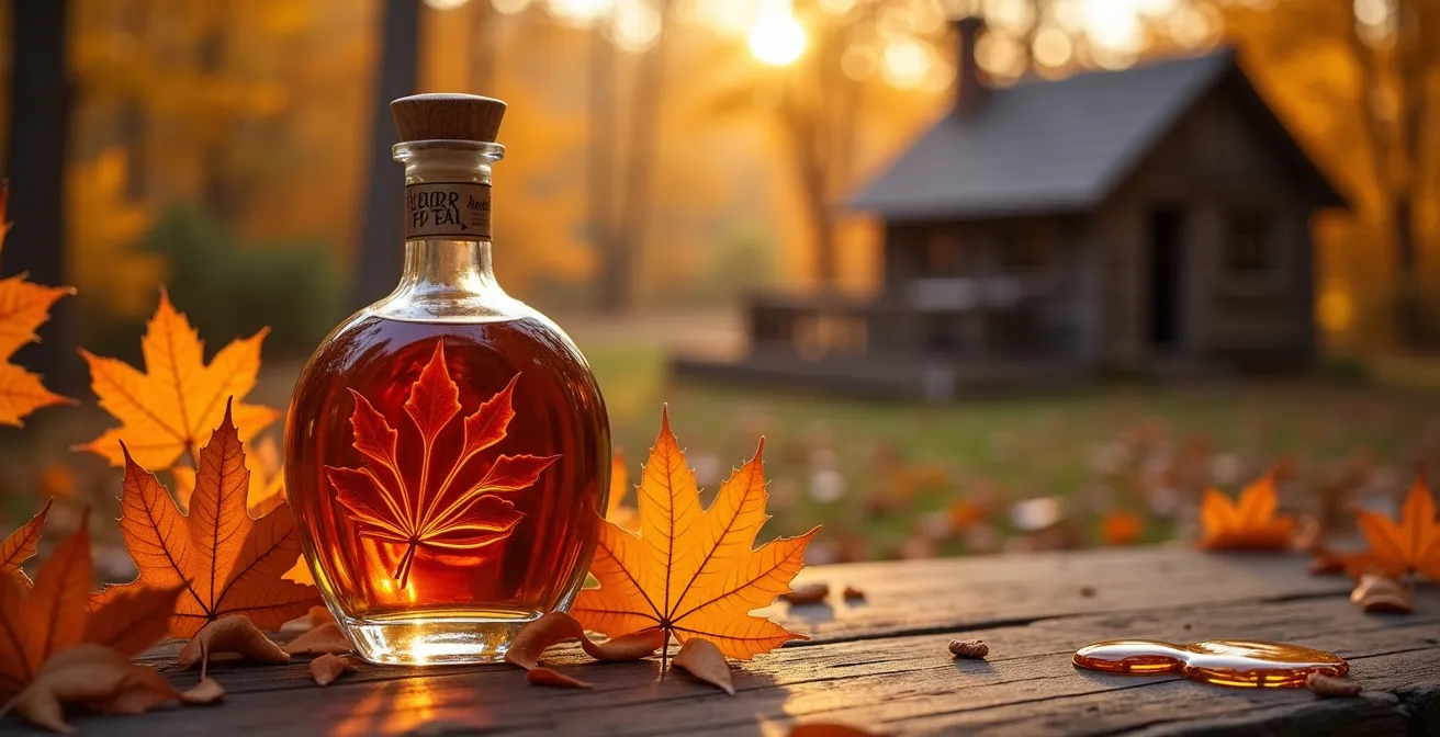 Bouteille de liqueur d'érable entourée d'éléments symbolisant la tradition québécoise et la nature de l'érable
