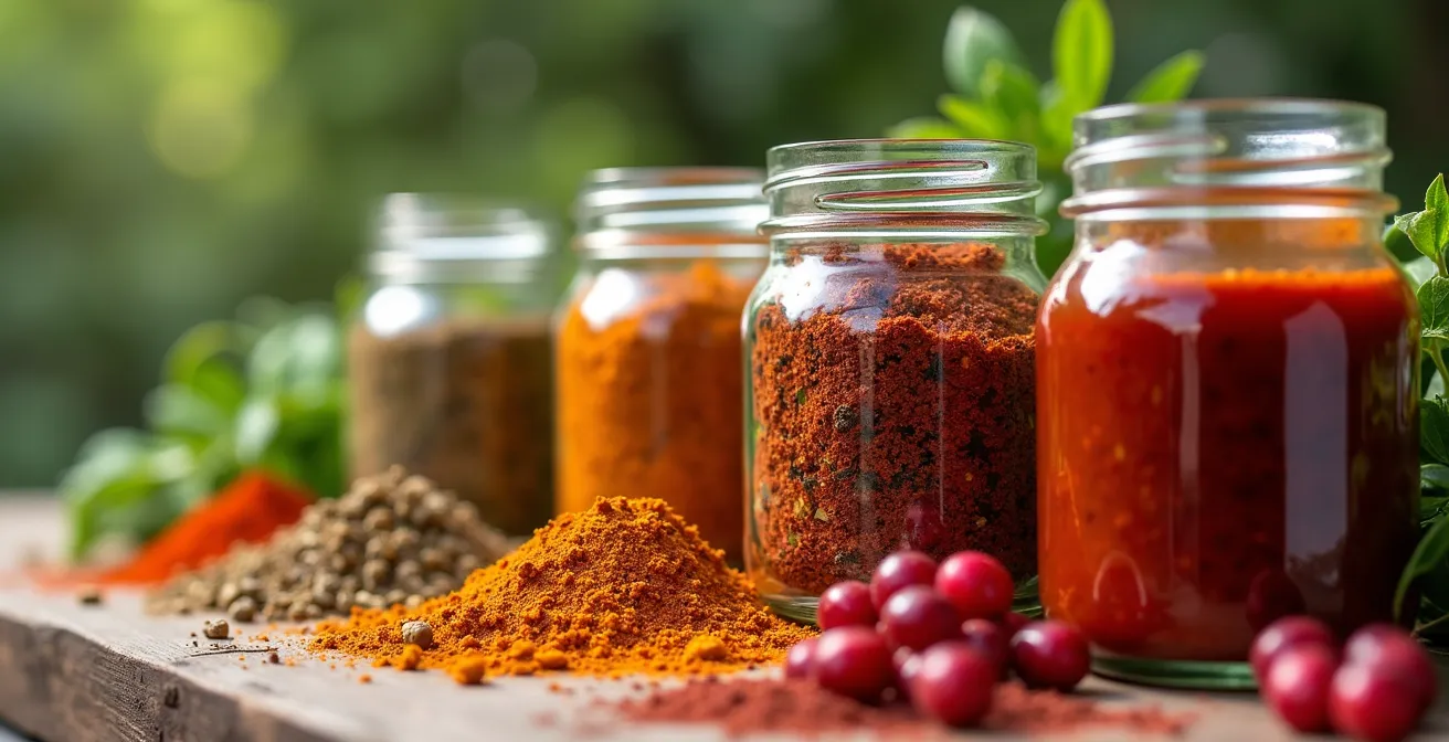 Bocaux de marinades boréales et ingrédients naturels pour gibier sur une table rustique