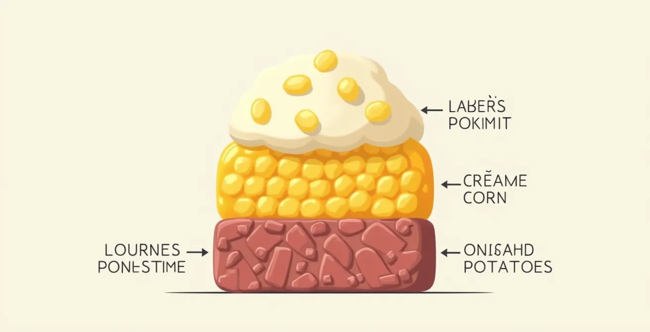 Schéma illustratif de la stratification du pâté chinois montrant les couches de steak, blé d'Inde et purée avec explications symboliques