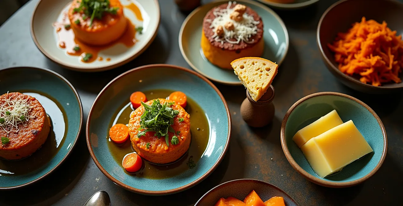 Une table avec plusieurs versions réinventées de pâté chinois, présentant différentes couleurs, textures et ingrédients inspirés par les cuisines tex-mex et indienne.