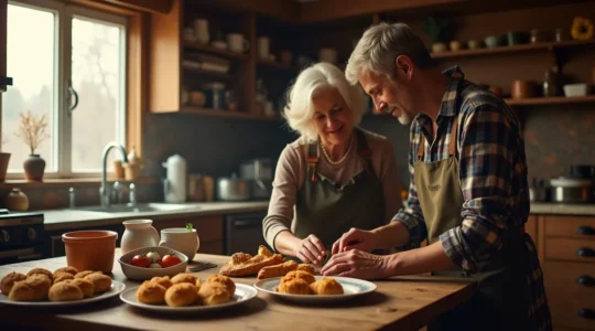 Une table rustique garnie de plats traditionnels québécois anciens, avec des mains de grand-mère transmettant un livre de recettes ancien