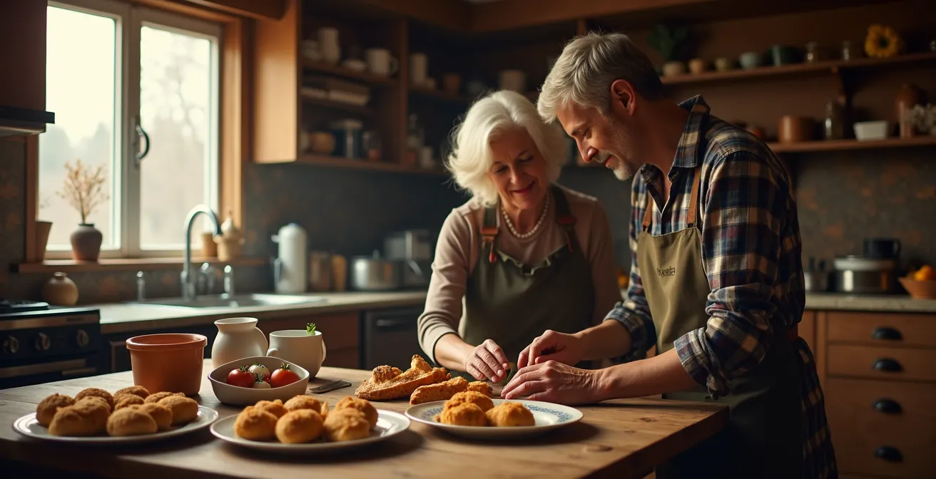 Une table rustique garnie de plats traditionnels québécois anciens, avec des mains de grand-mère transmettant un livre de recettes ancien