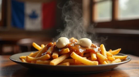 Une assiette de poutine authentique avec frites, fromage en grains et sauce brune, symbole culinaire du Québec
