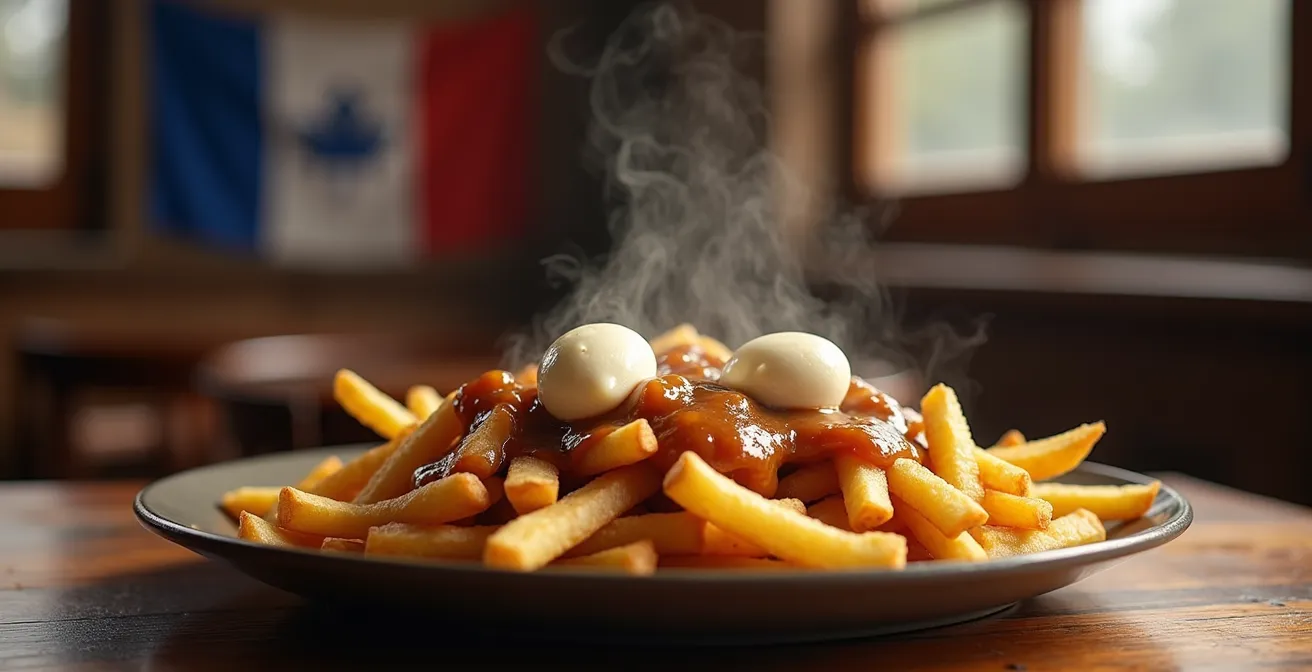 Une assiette de poutine authentique avec frites, fromage en grains et sauce brune, symbole culinaire du Québec