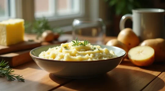 Un bol de purée de pommes de terre onctueuse sur une table en bois avec beurre artisanal et lait chauffé à côté, ambiance chaleureuse et rustique