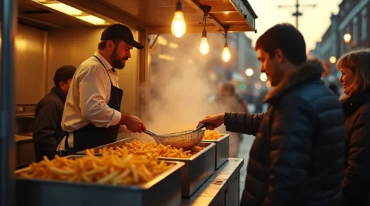 Une friteuse traditionnelle en action devant un camion à frites québécois, ambiance chaleureuse et gourmande