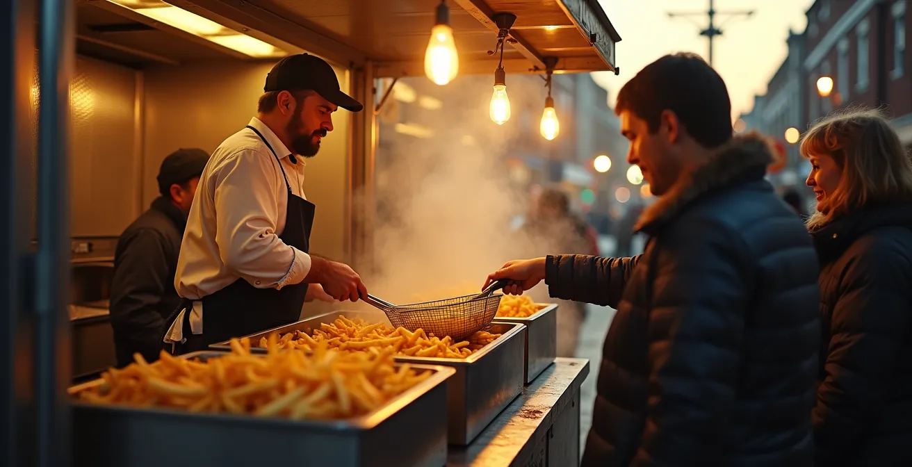 Une friteuse traditionnelle en action devant un camion à frites québécois, ambiance chaleureuse et gourmande