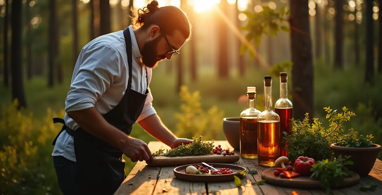 Un chef québécois en pleine cueillette d'ingrédients sauvages dans la forêt boréale, avec des ustensiles culinaires et des produits locaux étalés devant lui