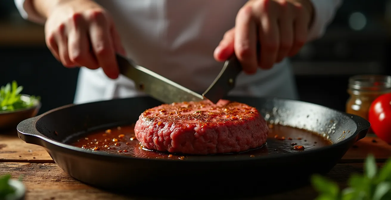Illustration d’un chef en train de cuire une grande galette de bœuf haché dans une poêle en fonte, capturant la réaction de Maillard avec une croûte bien dorée.
