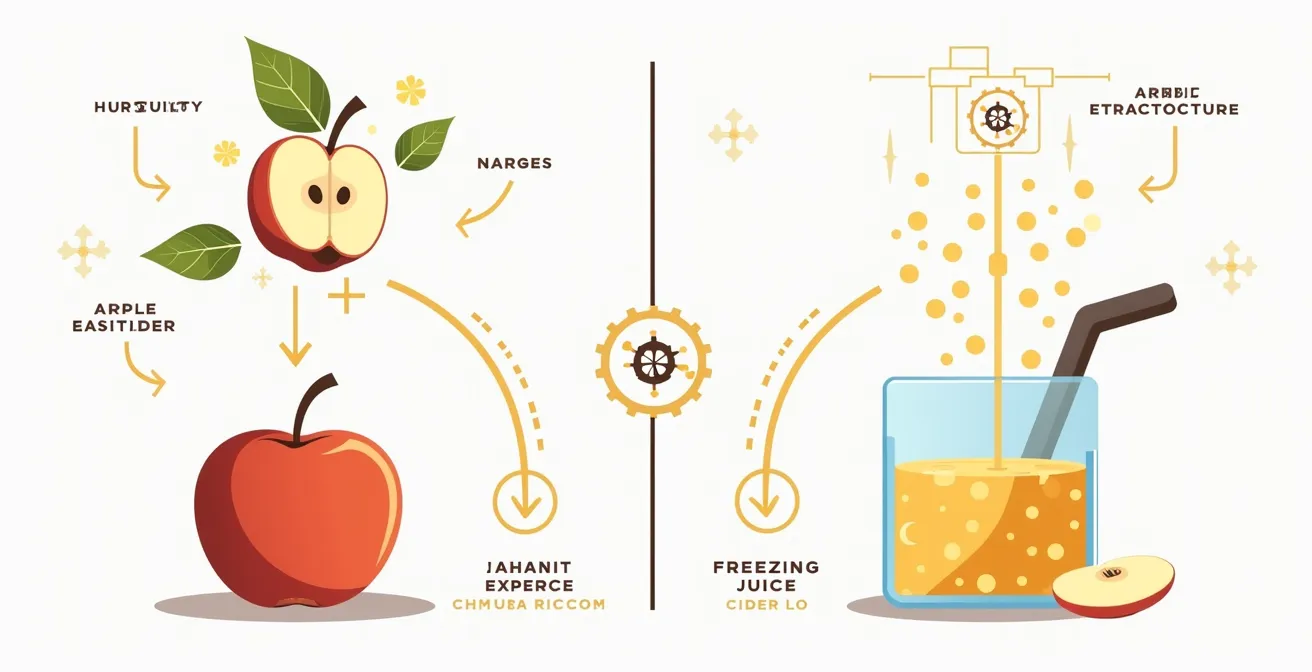 Schéma comparatif illustrant les différentes étapes de la cryoconcentration et de la cryoextraction du cidre de glace