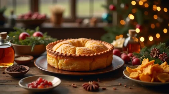 Une table traditionnelle de Noël au Québec avec une grande tourtière au centre, entourée d'éléments régionaux et festifs.