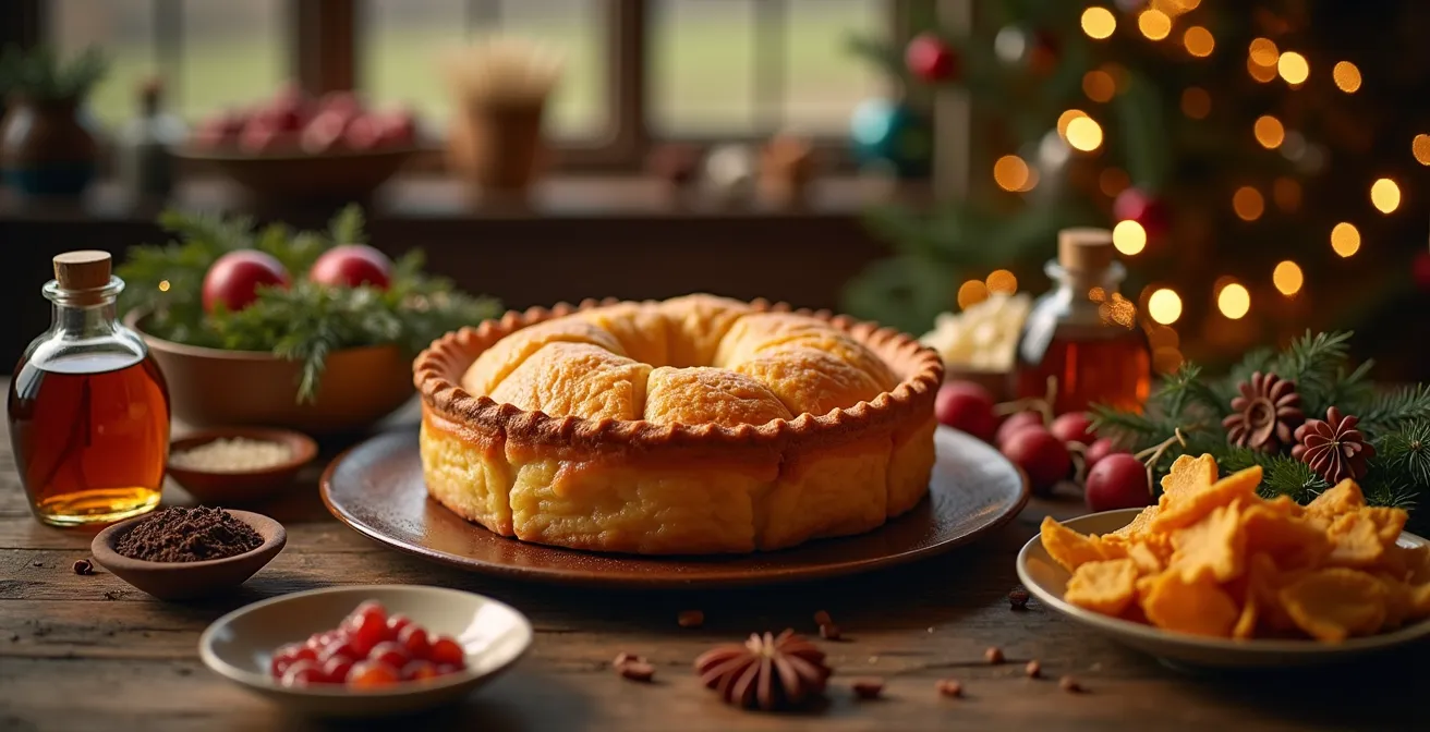 Une table traditionnelle de Noël au Québec avec une grande tourtière au centre, entourée d'éléments régionaux et festifs.